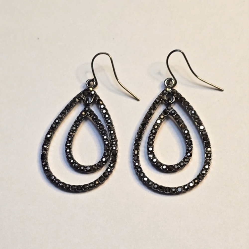 WHBM Teardrop‎ Dangle Earrings Rhinestone Silver Tone Cocktail Party Jewelry